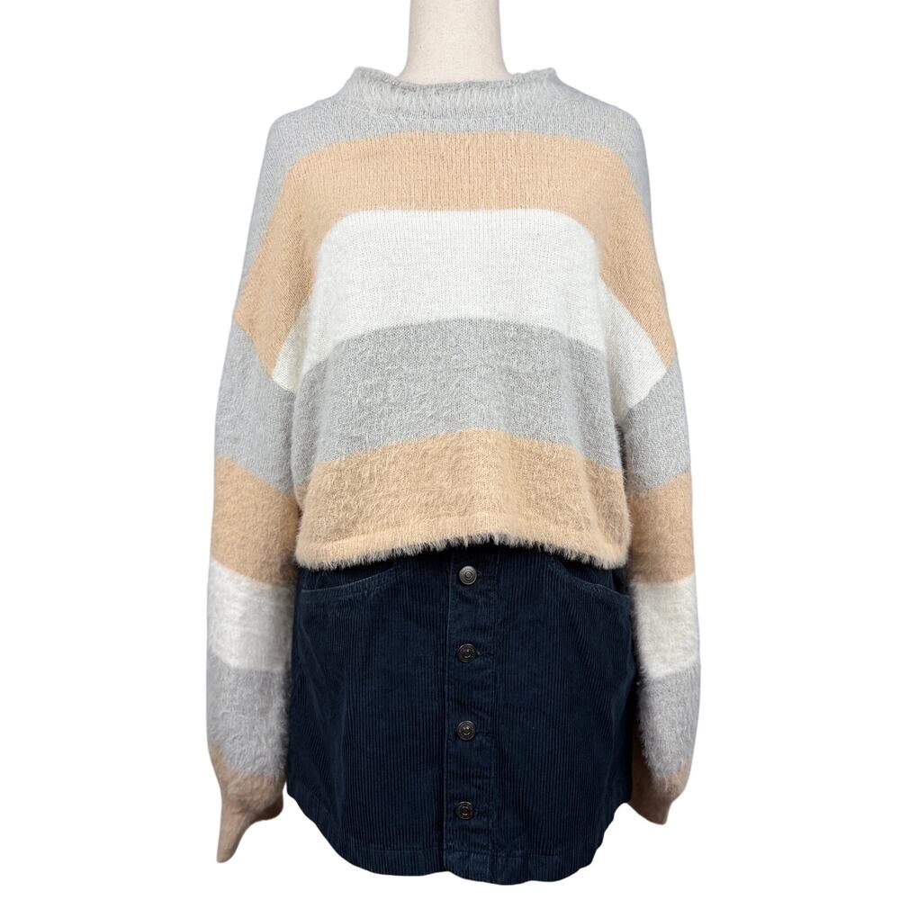 Lulus Fuzzy Knit Striped Sweater Neutral Cozy Cropped Size S